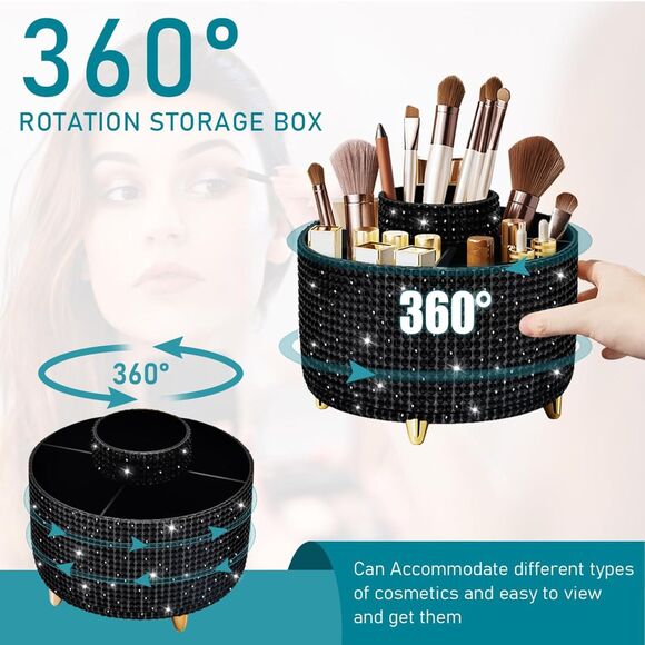 Diesisa 5 Slot Makeup Brush Diamond Black Cup 360° Rotating Makeup Brush Holder - Picture 3 of 5